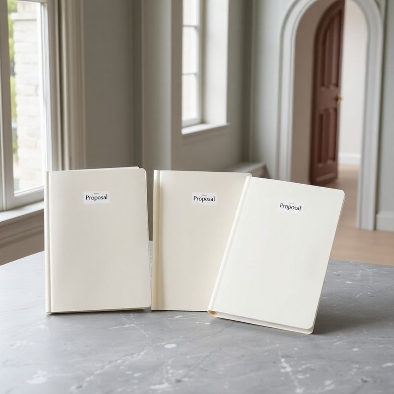 Three cream proposal folders with burgundy bindings arranged on a stone-grey desk in soft Irish light