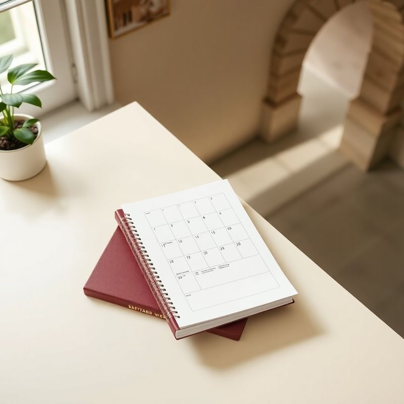 Editorial flat-lay with cream desk surface, burgundy-spine notebooks, and a printed editorial calendar grid