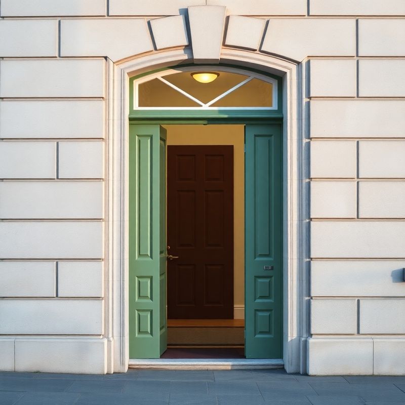Georgian-style doorway on a Dundalk streetscape with soft stone facade, cream interior glimpse, and a burgundy door detail