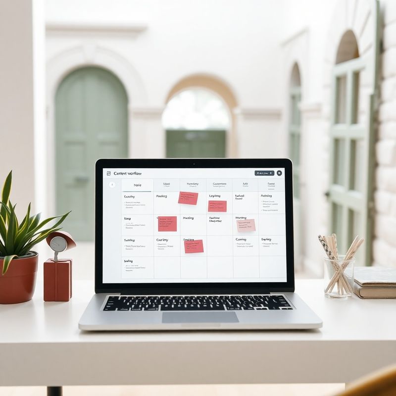 Overhead shot of a content workflow board in Notion on a laptop, cream background with burgundy sticky note accents